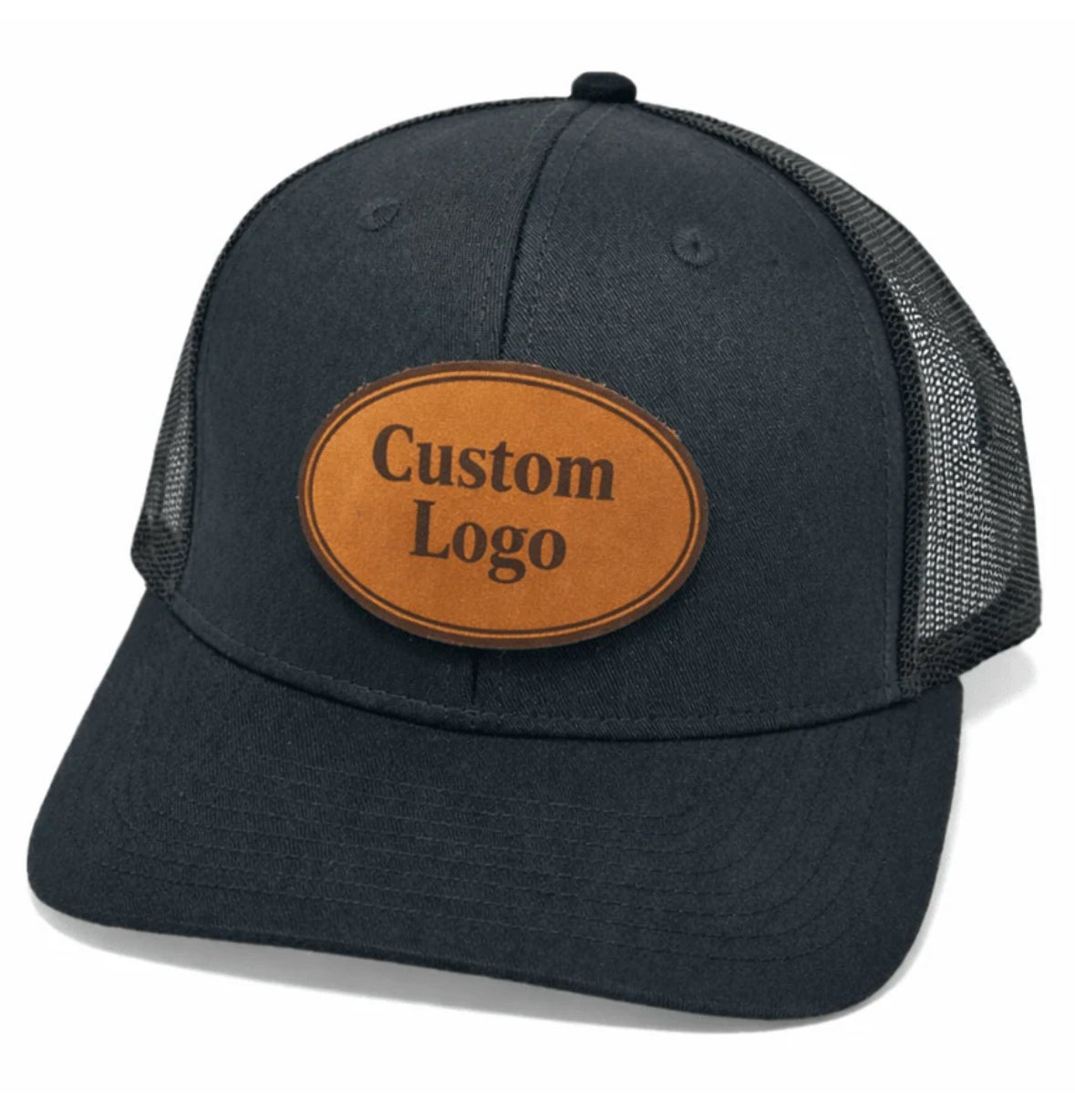 Custom Cowhide Leather Engraved Black / Black Trucker Hats